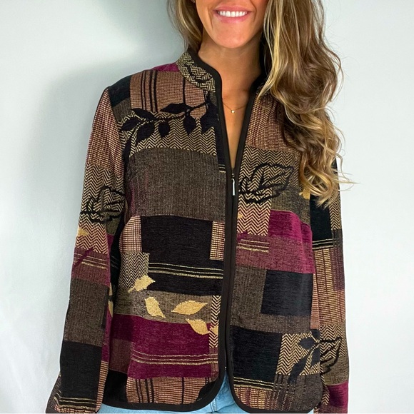 🍁 Vintage Carpet Tapestry Fall Leaves Full Zip Lightweight Jacket Coat - Picture 2 of 5